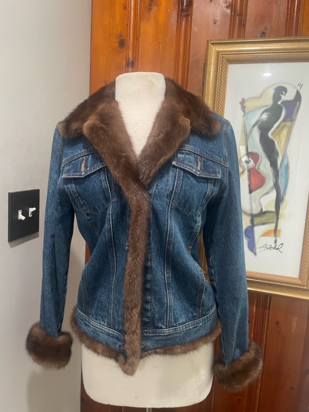 Denim Jacket with Brown Fur Trim - Women’s Coat